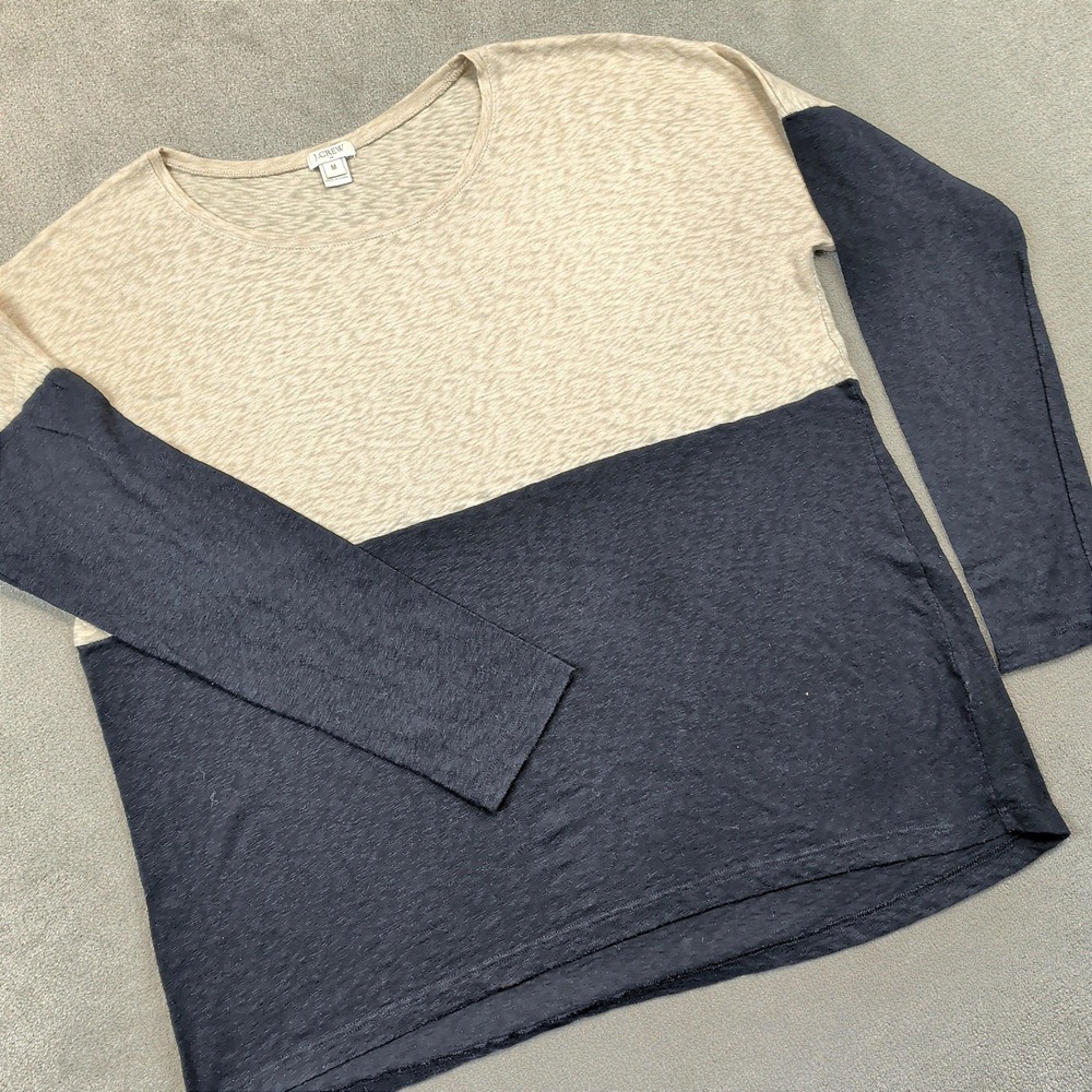 J.Crew Colorblock Long Sleeve Top Womens Medium Tan Navy Blue Slub Knit B3281